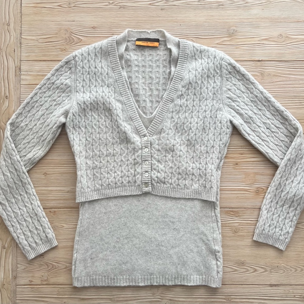 Davide Cenci Italian 100% Cashmere Faux Twinset Cable Knit Cardigan Gray Small - Picture 3 of 8